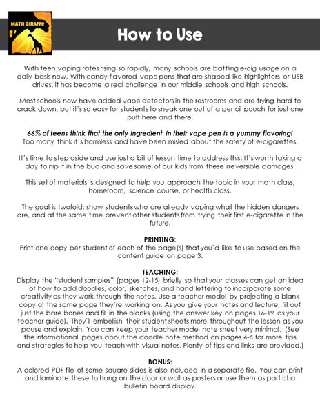 Dangers of Vaping Doodle Notes for Teens | E-cigs by the Numbers