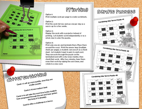 Combining Like Terms Puzzles math