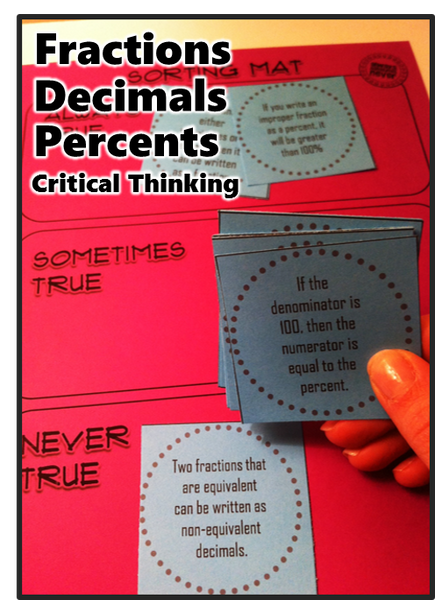 fractions decimals percents Critical thinking activity game pre-algebra