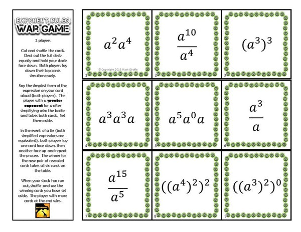 basic exponent rules war math game