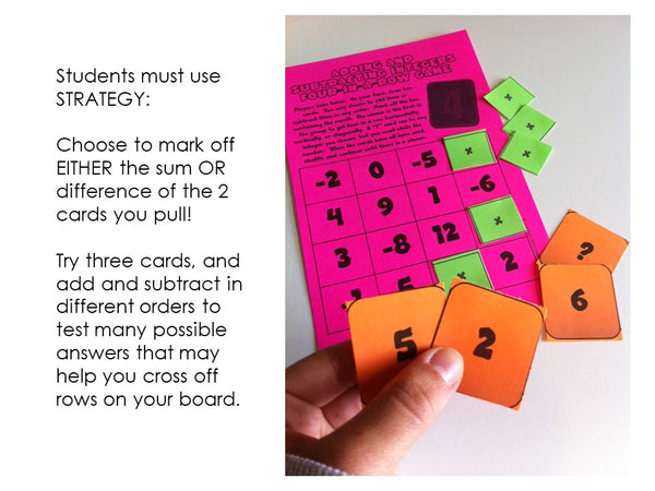 adding and subtracting Integers four in a row game