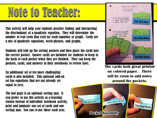 Discriminant Card Sort (for Quadratic Equations)