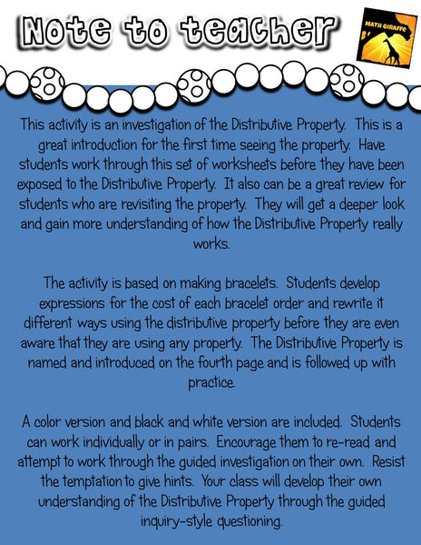 Distributive Property Investigation - Bracelets