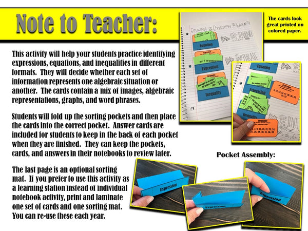 Expression, Equation, or Inequality Card Sort Pre-Algebra Activity