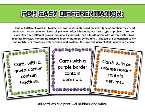 fractions decimals percents war game