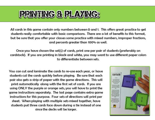 fractions decimals percents war game