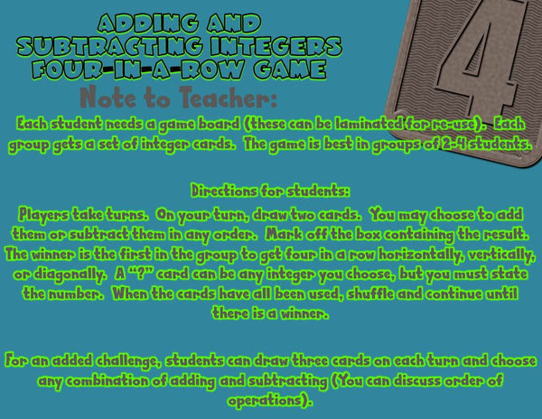 adding and subtracting Integers four in a row game
