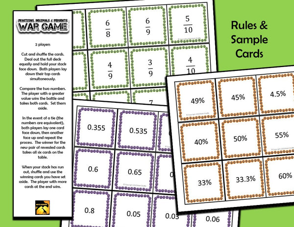 fractions decimals percents war game