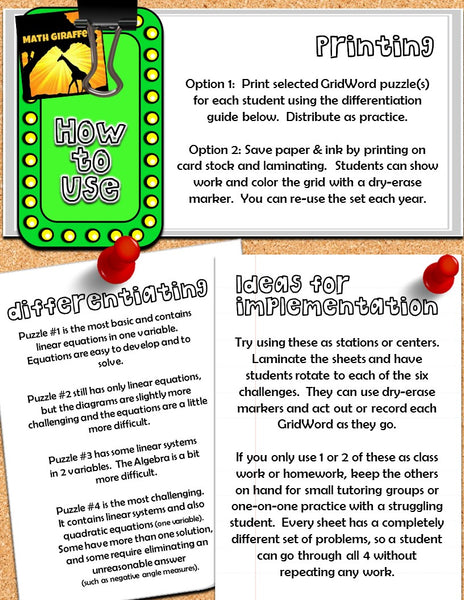 Solving Equations Quadrilateral Properties  Missing Angles GRIDWORDS Puzzles