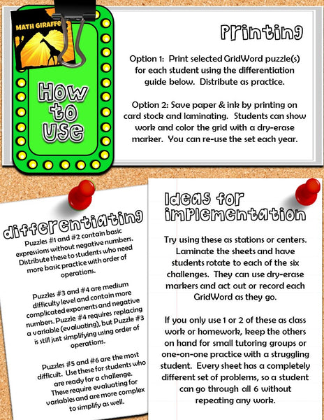 Order of Operations GridWords: Simplifying & Evaluating Expressions