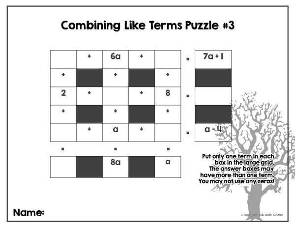 Combining Like Terms Puzzles math