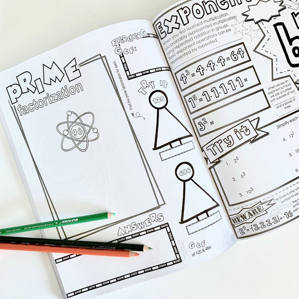 Middle School Pre-Algebra Doodle Note Book prime factorization