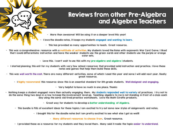 reviews Expressions & Equations Bundle: Activities, Games, & Notes for Algebra Skills