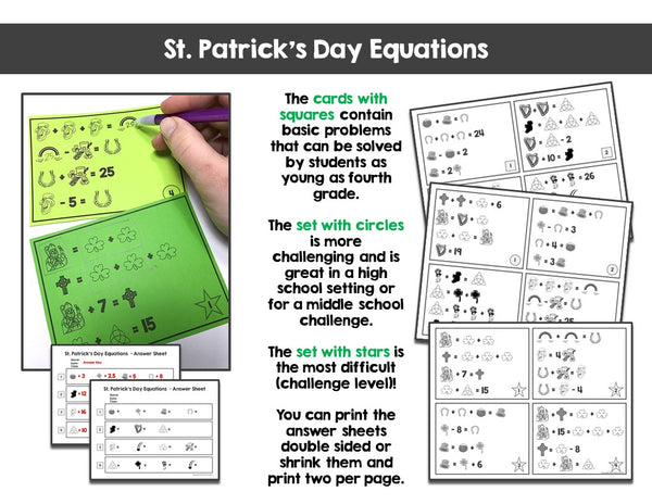 St. Patrick's Day Algebra equation puzzles