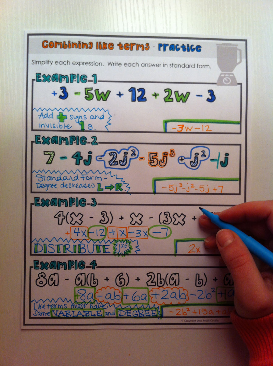 Combining Like Terms Doodle Notes – Math Giraffe Shop