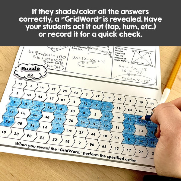 Solving Equations Quadrilateral Properties  Missing Angles GRIDWORDS Puzzles