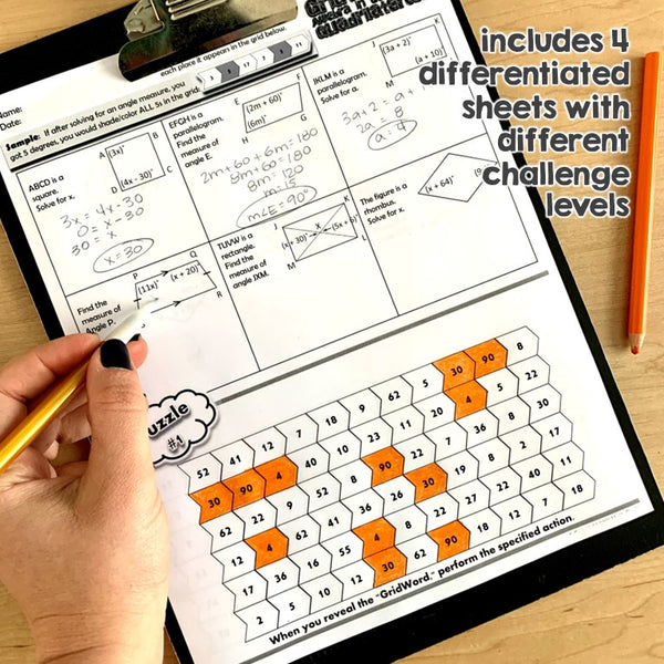 Solving Equations Quadrilateral Properties  Missing Angles GRIDWORDS Puzzles
