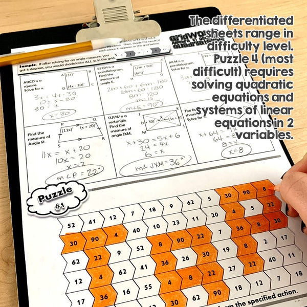 Solving Equations Quadrilateral Properties  Missing Angles GRIDWORDS Puzzles