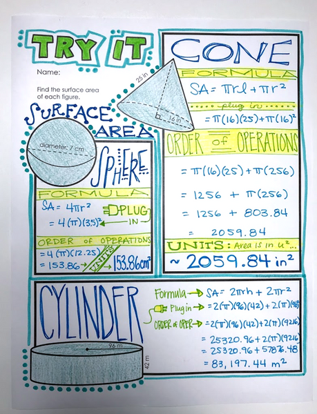 Surface Area of Cylinders, Cones, & Spheres Doodle NotesSurface Area of Cylinders, Cones, & Spheres Doodle Notes