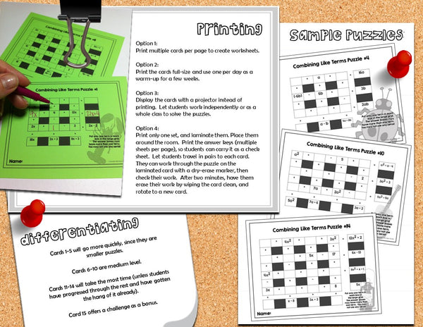   Combining Like Terms Puzzles math