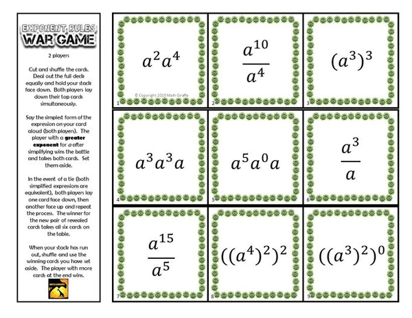 basic exponent rules war math game