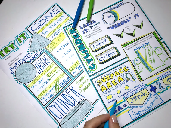 Surface Area of Cylinders, Cones, & Spheres Doodle Notes