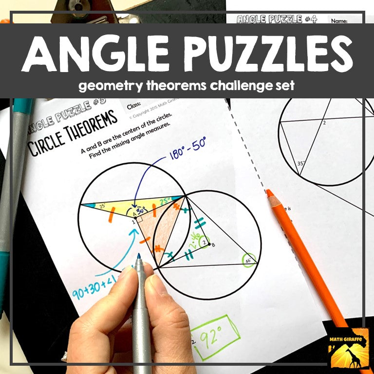 Angle Puzzles Challenge Set: Solving for Missing Angle Measures Using ...