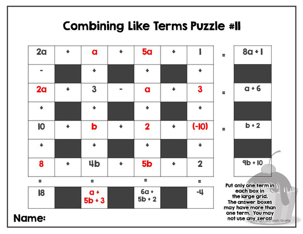 Combining Like Terms Puzzles math