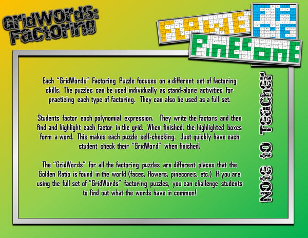 Factoring Polynomials GRIDWORDS Challenge Set fun practice