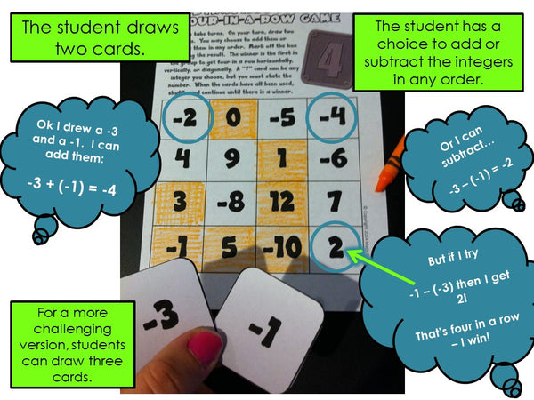 adding and subtracting Integers four in a row game