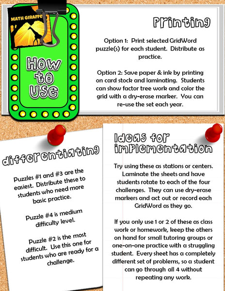 Prime Factorization GRIDWORDS Challenge math fun activity