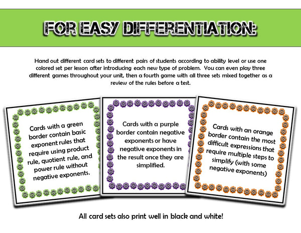 basic exponent rules war math game