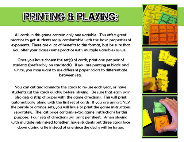 basic exponent rules war math game
