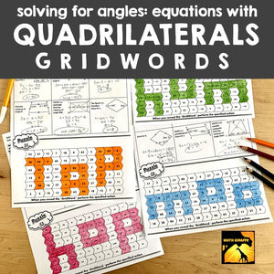 Solving Equations Quadrilateral Properties  Missing Angles GRIDWORDS Puzzles