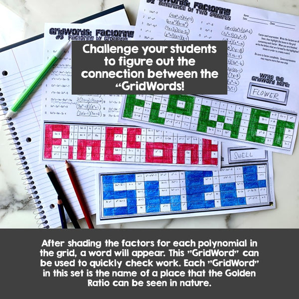 Factoring Polynomials GRIDWORDS Challenge Set fun practice